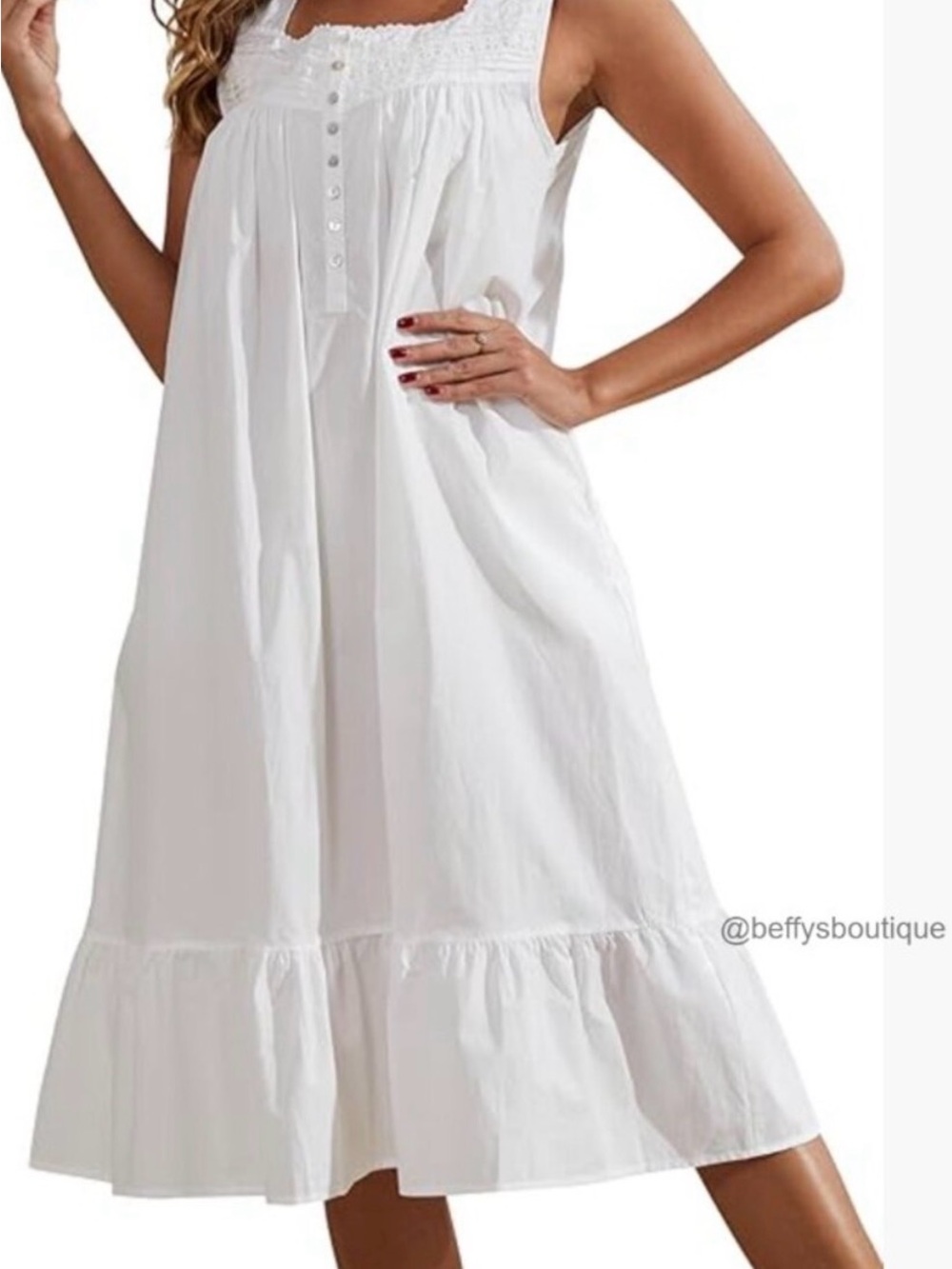 Women's White Cotton Sleeveless Nightdress with Ruffle Hem